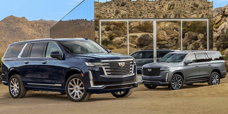 Two Escalade parked in the desert while it is sunny outside