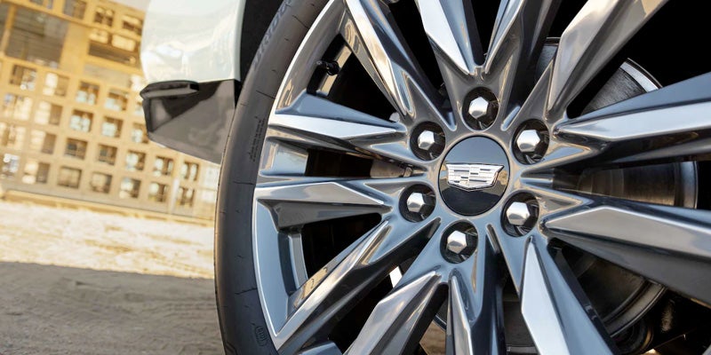 Close up of the tire and rim of a brand new Cadillac Escalade-V